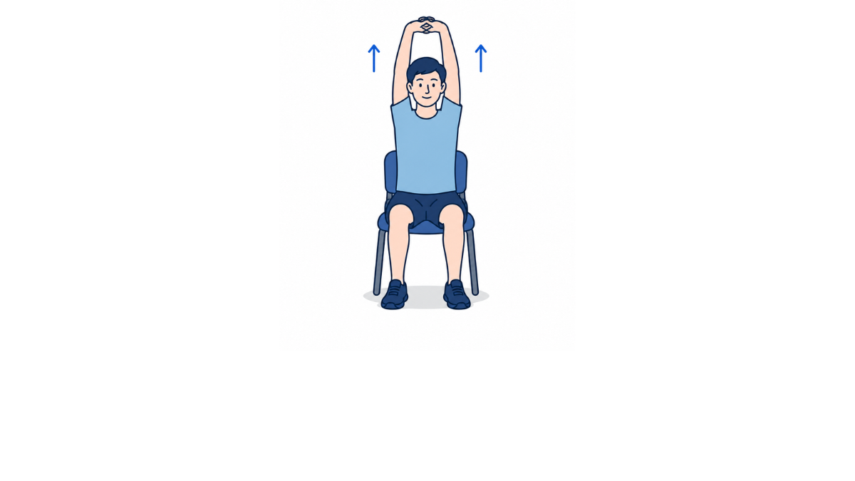 両手組みバンザイのイラスト(文字なし)|椅子に座って両手の指を組み、頭の上までゆっくり持ち上げる運動です