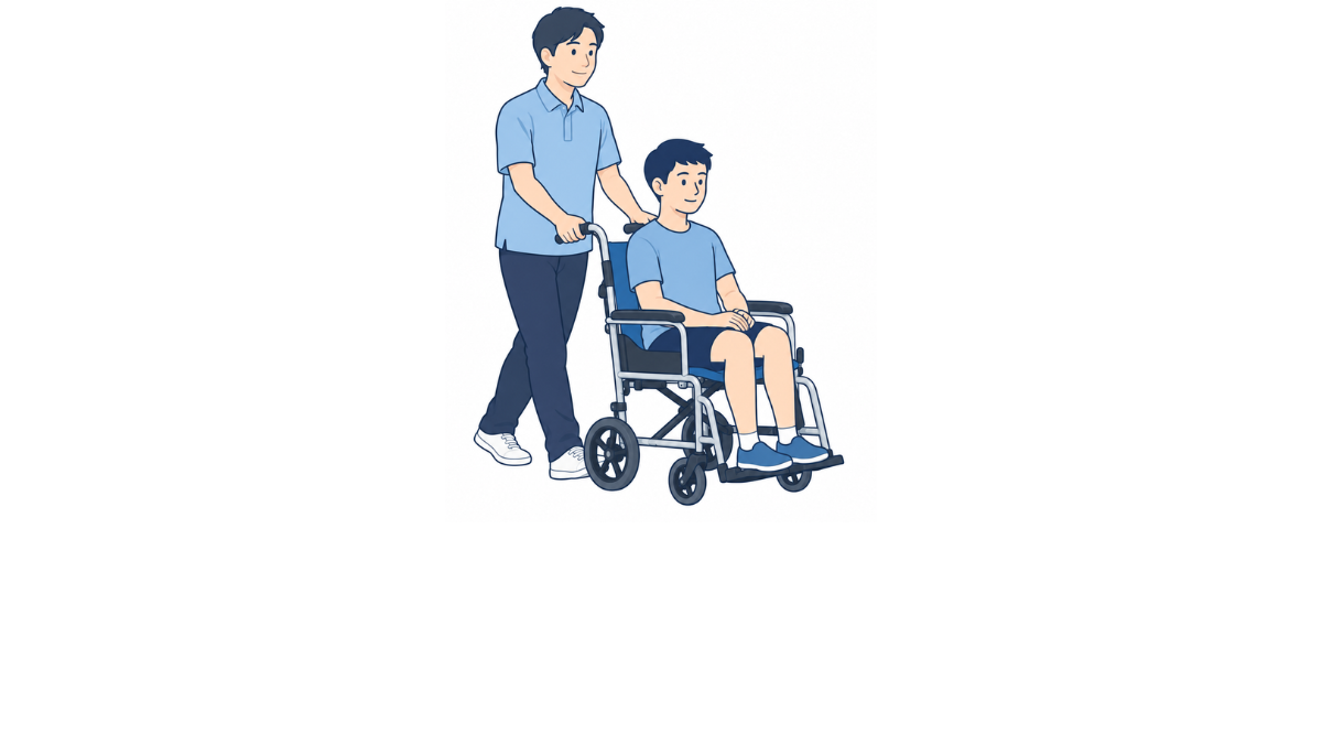 介助式車いすの使い方のイラスト(文字なし)|介助式車いすの使い方を説明する福祉用具・自助具のイラストです