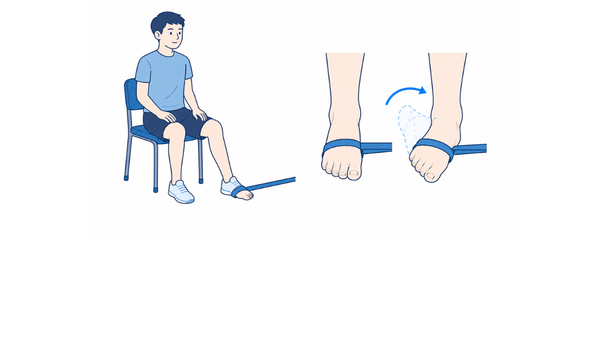 セラバンドを使った足首の外返しのイラスト(文字なし)|椅子に座り、バンドを使って足の裏を外側へ向ける運動のイラストです