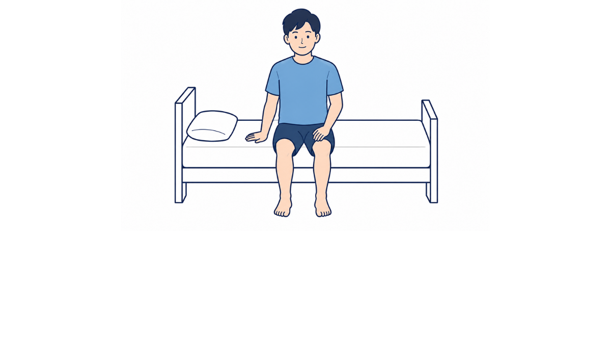 ベッド端座位のイラスト(文字なし)|ベッドの端に腰掛けて両足を床につけた姿勢を示すイラストです