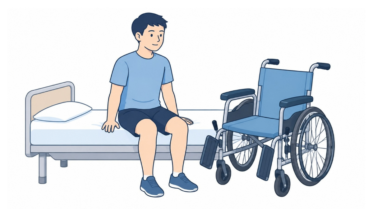 ベッド・車椅子の移乗(ベッド端座位)のイラスト(文字なし)|ベッドの端に座り、横に車椅子を置いた場面です