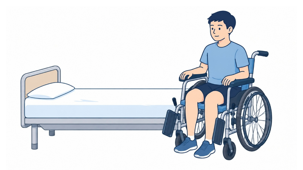 車椅子への移乗(着座直後)のイラスト(文字なし)|ベッドから車椅子へ乗り移り、足を床に置いて座った場面です