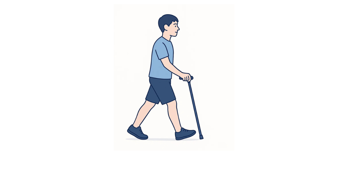 杖歩行のイラスト(文字なし)|T字杖を使用した歩行の正しいフォームを示すイラストです