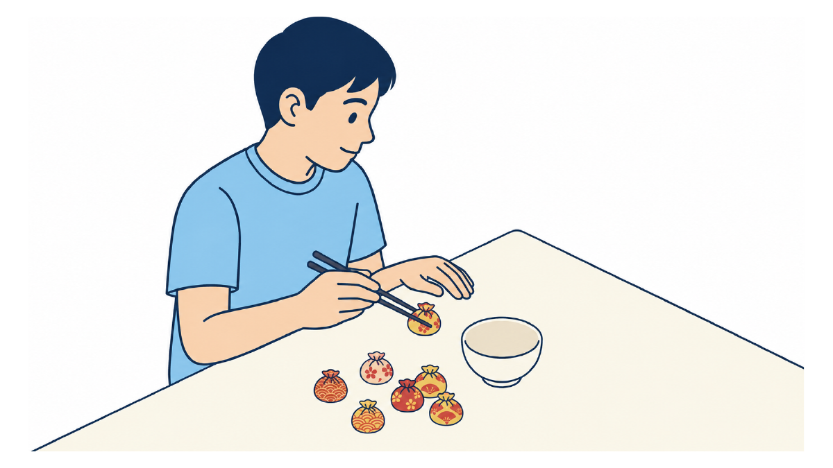 お手玉を使った箸練習のイラスト(文字なし)
