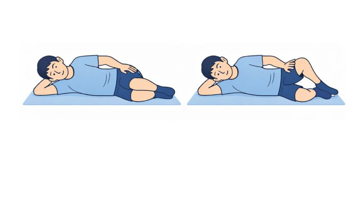 クラムシェルのイラスト(文字なし)|側臥位で膝を開閉するクラムシェル(貝殻)運動です