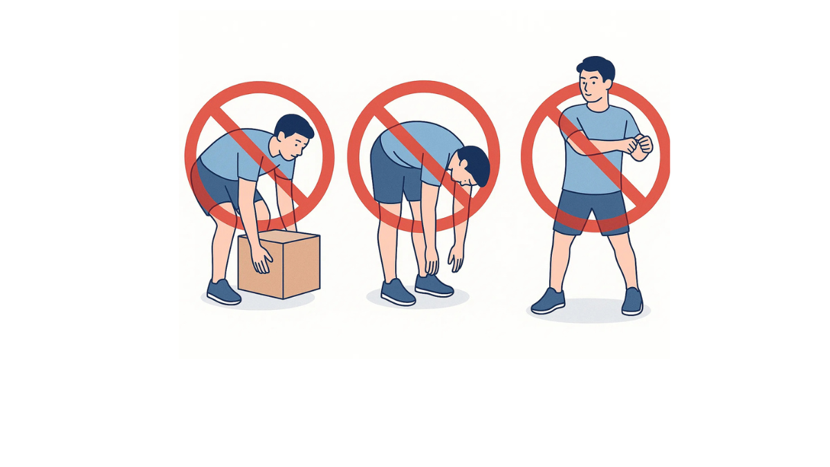 脊椎疾患の禁忌運動のイラスト(文字なし)|脊椎疾患がある方に対して避けるべき運動パターンを示したイラストです