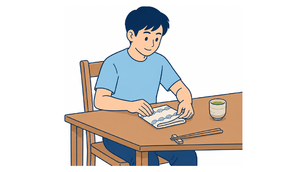 ハンカチを畳むのイラスト(文字なし)|ハンカチを畳む作業を通じて手指の巧緻性・両手動作・注意機能を鍛えるADL訓練です
