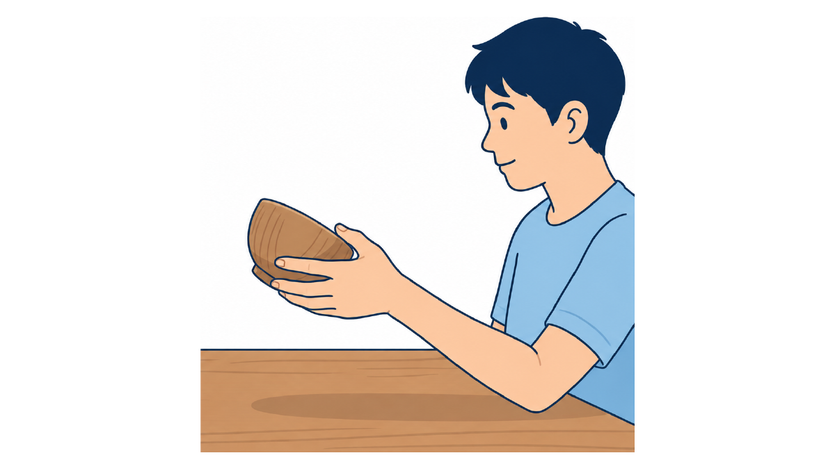 お茶碗を把持して前腕の回内外のイラスト(文字なし)|お茶碗を持った状態で前腕を回内・回外させる実用的な上肢訓練です