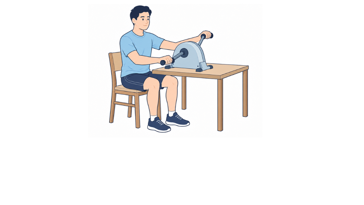 ハンドエルゴメーターのイラスト(文字なし)|椅子に座って、卓上の上肢用エルゴメーターのハンドルを両手で回す場面です