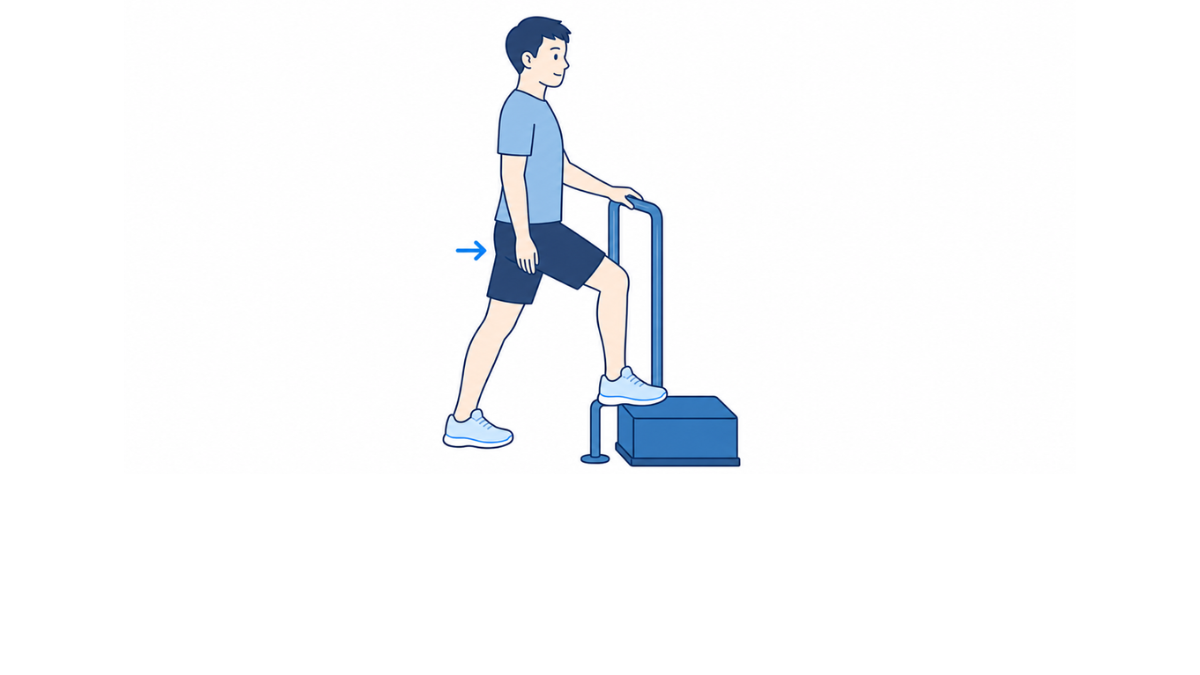 手すりを使った段差での重心移動のイラスト(文字なし)|手すりを持ち、片足を台にのせて体重を前へ移す練習のイラストです