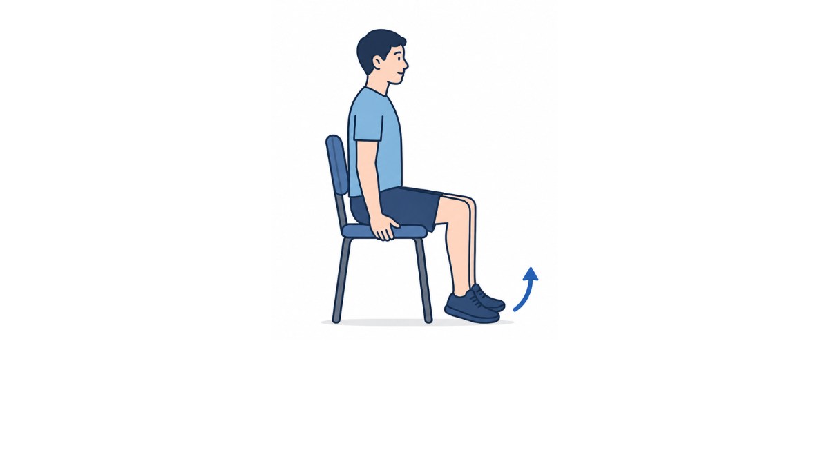 座位かかと上げのイラスト(文字なし)|椅子に座ってつま先を床につけたまま、かかとをゆっくり上げ下げする運動です