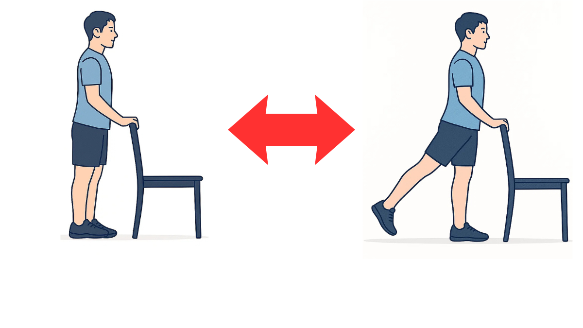 立位で股関節伸展運動のイラスト(文字なし)|立位で脚を後方に蹴り上げる股関節伸展運動です