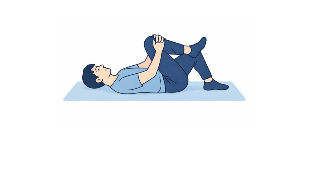 膝抱え(片膝)のイラスト(文字なし)|仰臥位で片膝を胸に引きつける膝抱え運動です