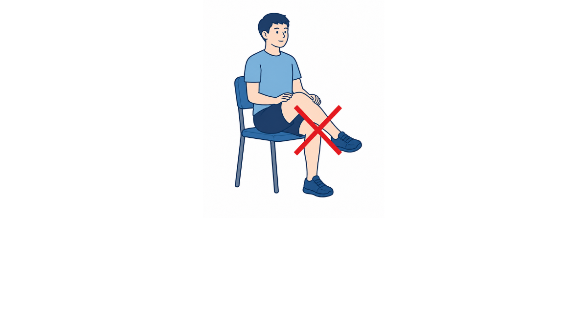脚を組む座り方(NG例)のイラスト(文字なし)|椅子に座って脚を組む姿勢を「望ましくない例」として示したイラストです
