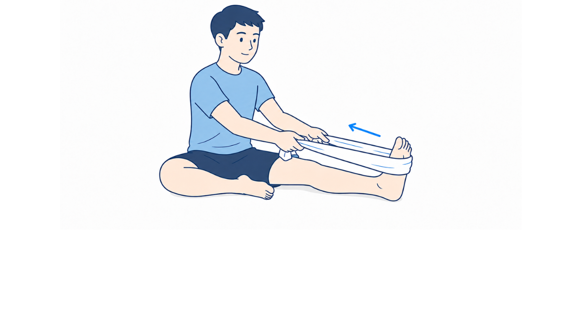 長座位でのタオルを使ったふくらはぎのストレッチのイラスト(文字なし)|脚を前に伸ばして座り、タオルを足の裏にかけて引くストレッチのイラストです