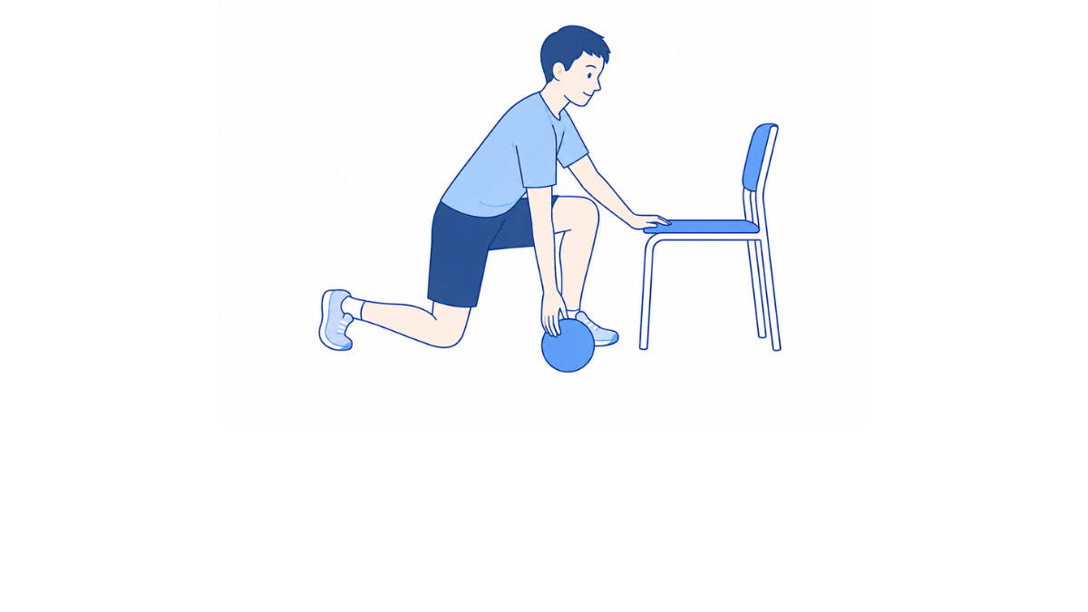 足を前後に開いた床の物拾いのイラスト(文字なし)|足を前後に開き、後ろ足を伸ばして腰を落とし、床の物を拾う動作のイラストです