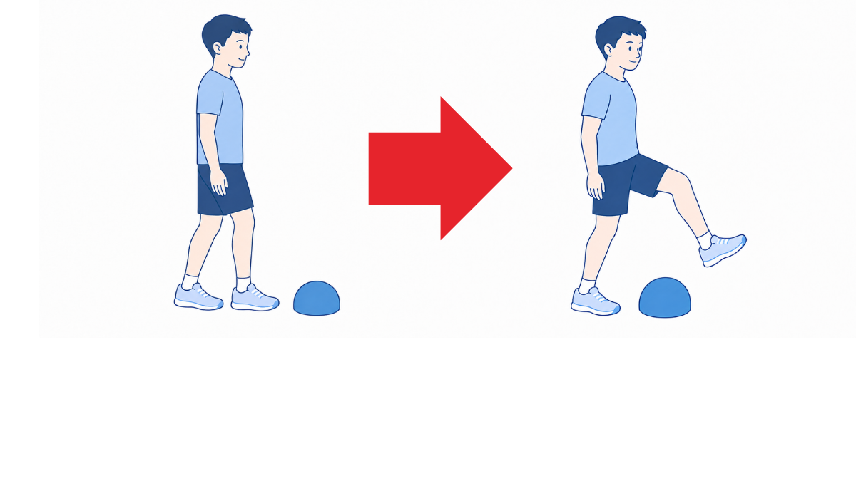 障害物をまたぐ練習のイラスト(文字なし)|床の障害物に引っかからないよう、足を高く上げてまたぐ練習のイラストです