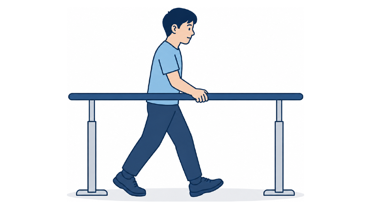 平行棒内歩行のイラスト(文字なし)|平行棒内での歩行練習を示すイラストです