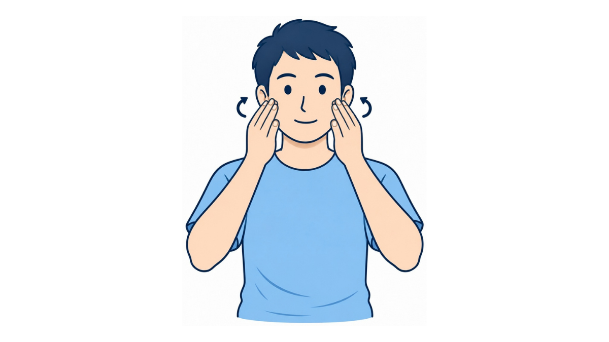 唾液腺マッサージ(耳下腺)のイラスト(文字なし)|耳の前の頬に指を当て、小さく円を描く唾液腺マッサージの図です