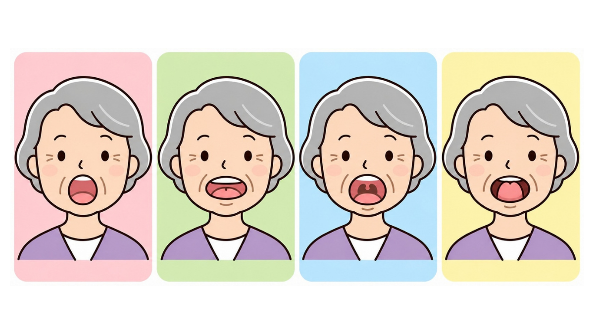 パタカラ体操のイラスト(文字なし)|「パ・タ・カ・ラ」の発音場面を4コマで示した口腔体操のイラストです