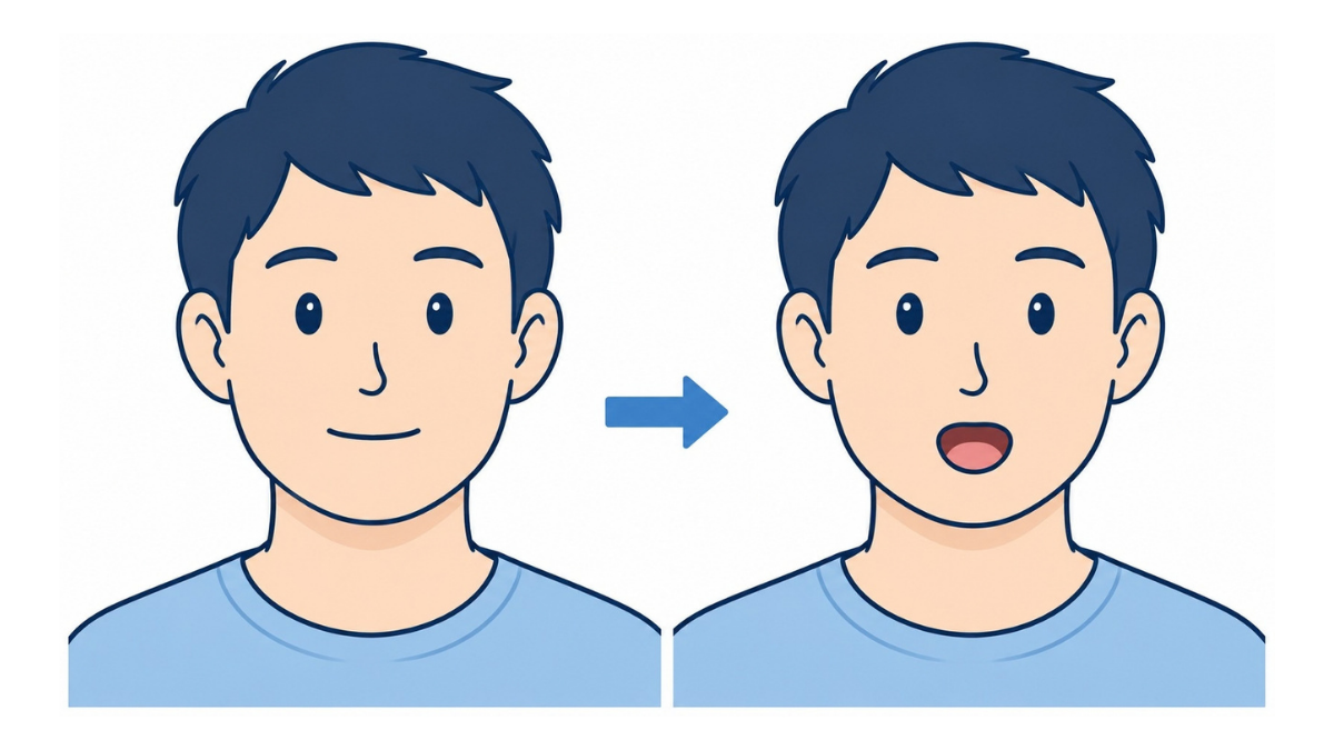 パタカラ体操「パ」のイラスト(文字なし)|唇を閉じてから開き、「パ」と発音する口腔体操の図です