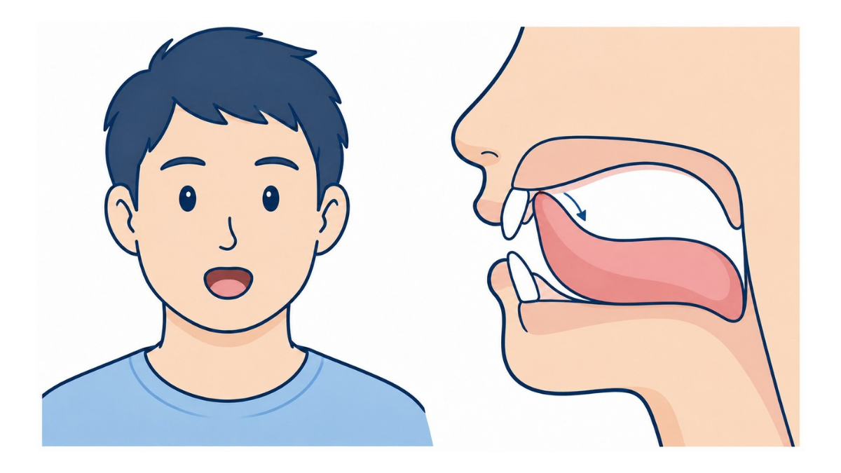 パタカラ体操「ラ」のイラスト(文字なし)|舌先で上あごを軽くはじき、「ラ」と発音する口腔体操の図です