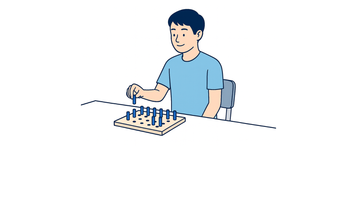 ペグ操作-斜めのイラスト(文字なし)|ペグ(小さな棒)をつまんでボードの穴に差し込む巧緻性訓練のイラストです