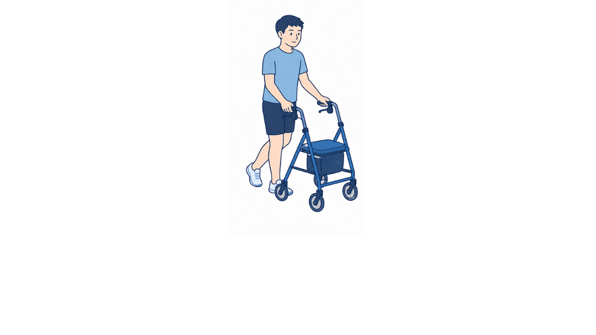 歩行車を使った歩行姿勢のイラスト(文字なし)|歩行車を体の近くに置き、背すじを伸ばして歩く姿勢のイラストです