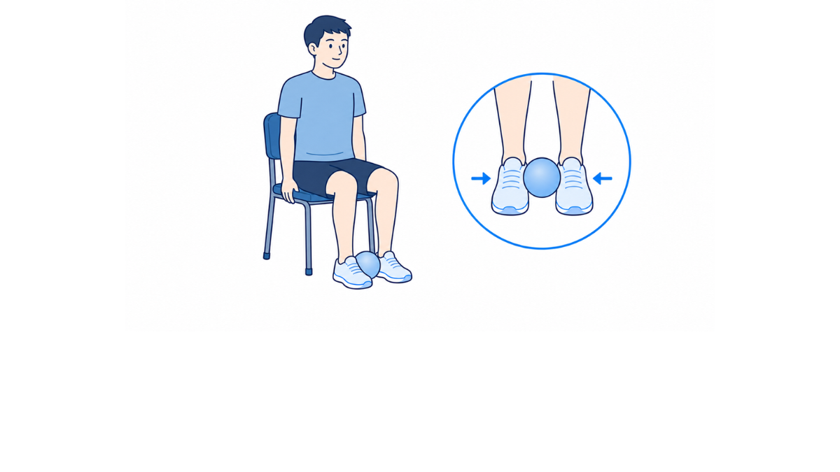 座位で両足にボールを挟む運動(股関節の内転)のイラスト(文字なし)|椅子に座り、両足の間に挟んだボールを内側へ押し合う運動のイラストです