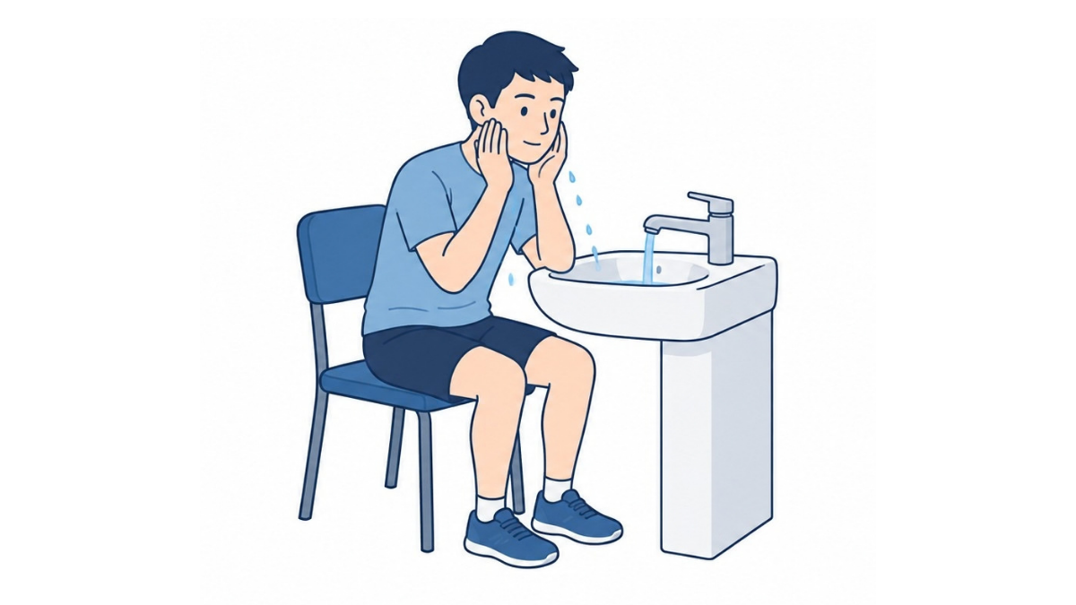 座って洗顔のイラスト(文字なし)|洗面台の前の椅子に座り、両手で顔を洗う整容の場面です