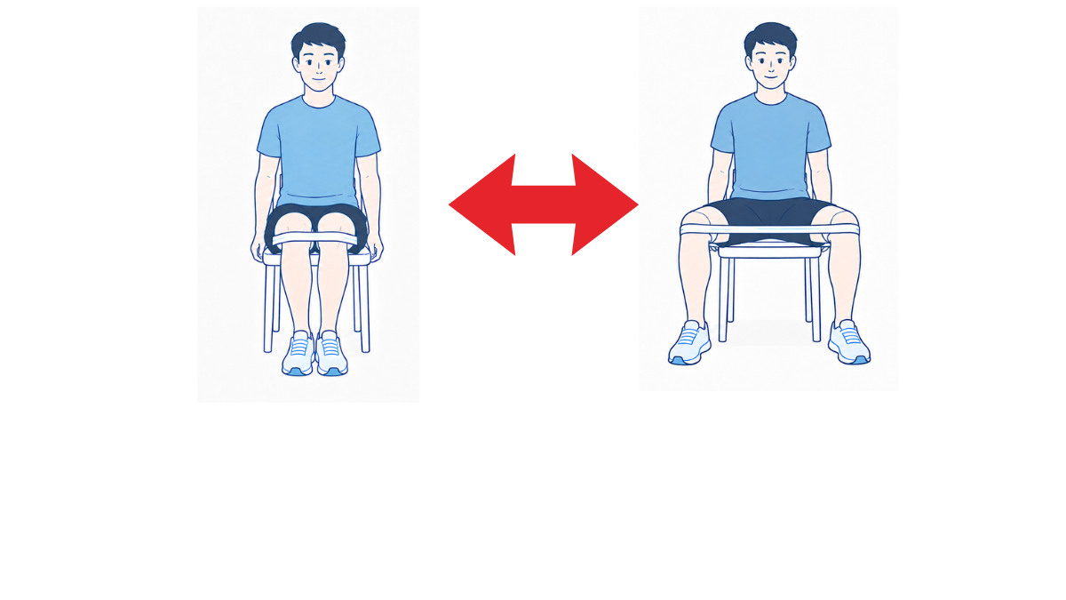座位での股関節の開閉のイラスト(文字なし)|椅子に座って両膝をゆっくり開いたり閉じたりする運動のイラストです