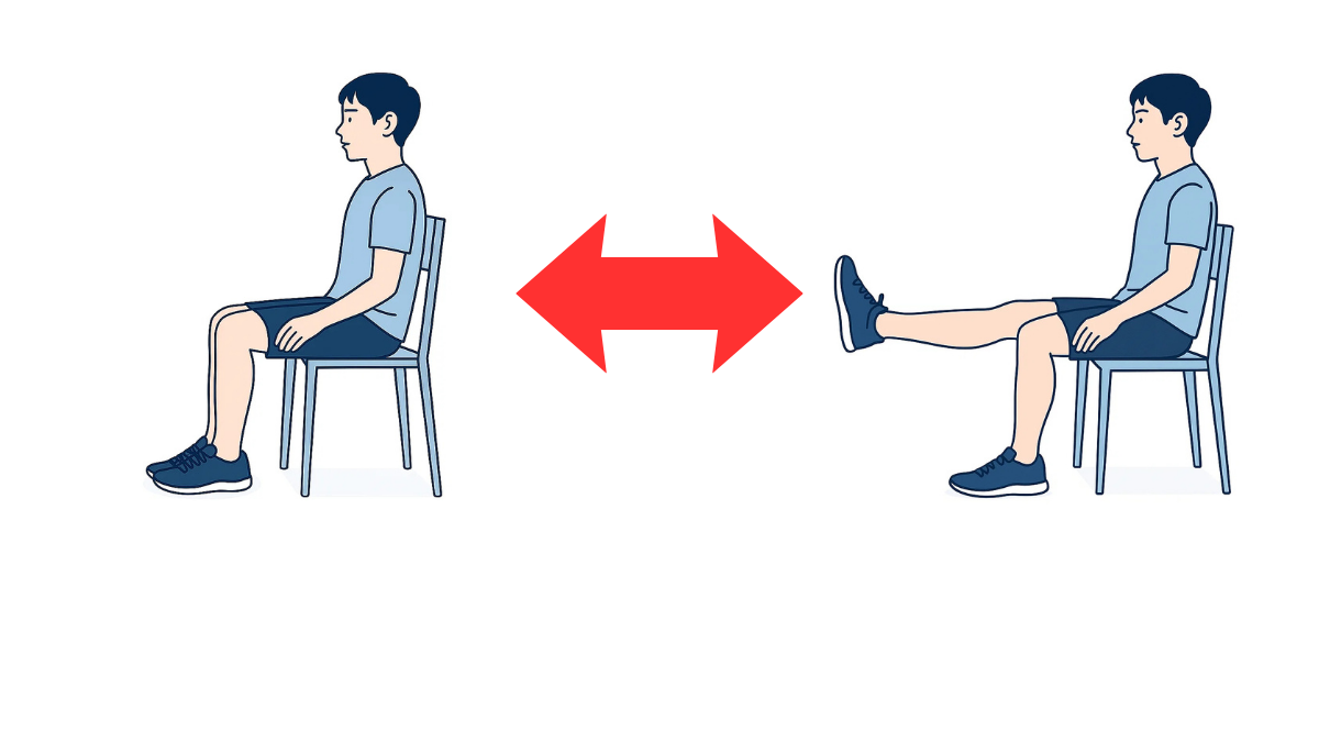 四頭筋トレーニング-側方のイラスト(文字なし)|座位で膝を伸ばす大腿四頭筋トレーニングの側方からのイラストです
