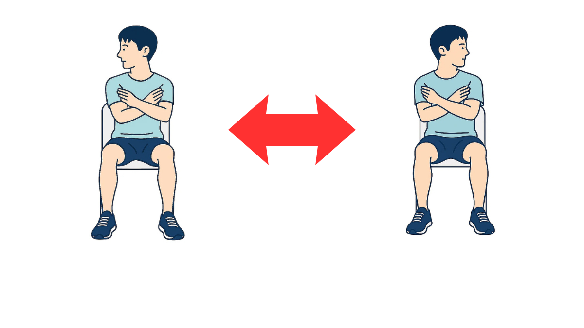 頚部の回旋のイラスト(文字なし)|座位で首を左右に回旋させるストレッチです