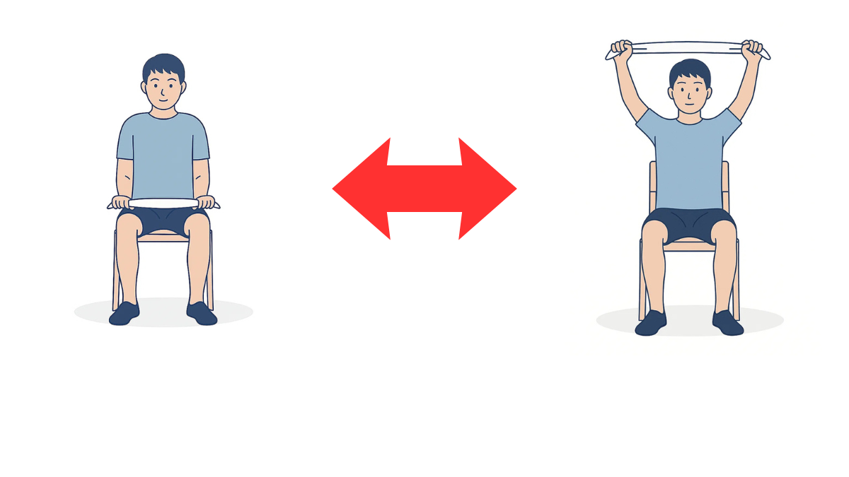 両手でタオルを把持して肩関節屈曲のイラスト(文字なし)|両手でタオルを持って肩を上げる運動です