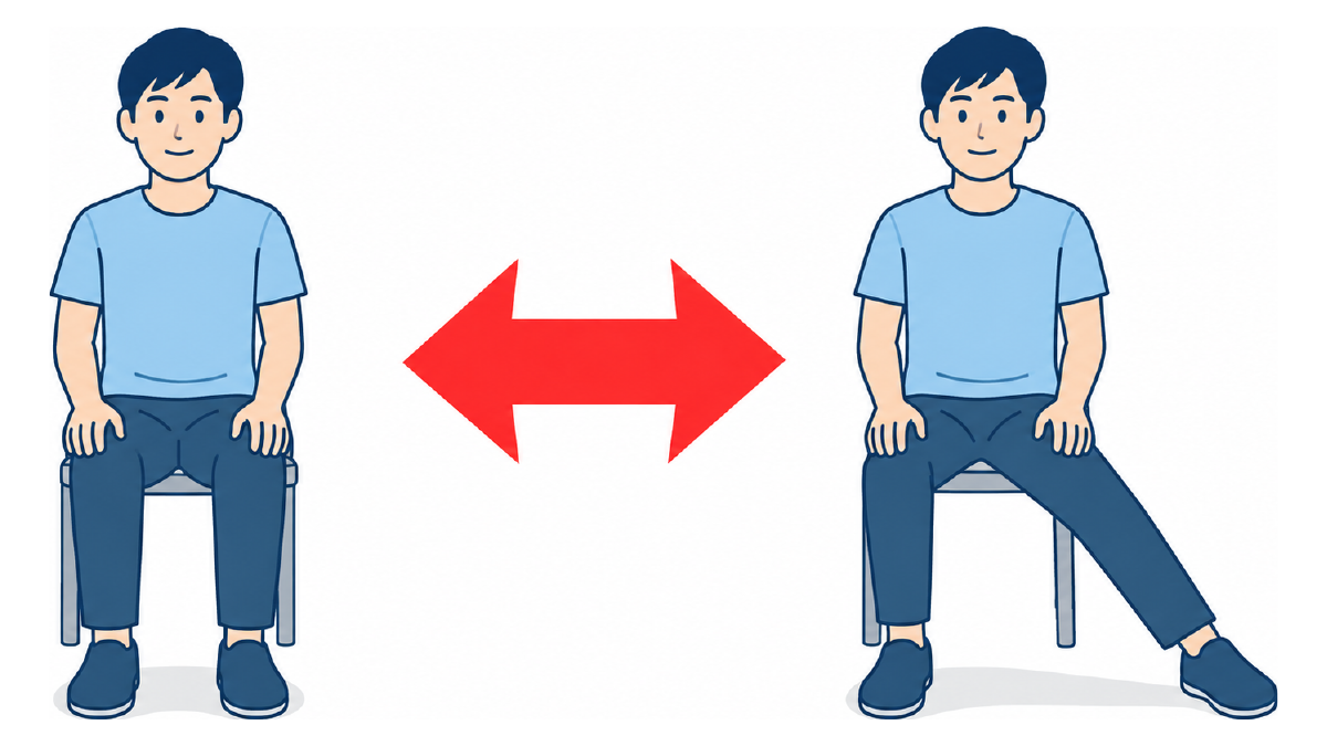 イス座位でサイドステップのイラスト(文字なし)|椅子に座った状態で足を左右に踏み出すサイドステップ運動です