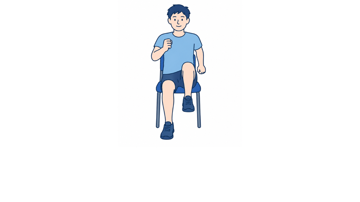座位足踏み・腕振りのイラスト(文字なし)|椅子に座り、腕を振りながらリズミカルに足踏みをする全身運動です