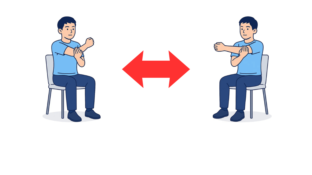 肩甲骨外転ストレッチのイラスト(文字なし)|腕を反対側の肩に向けて引き寄せる肩甲骨外転方向のストレッチです