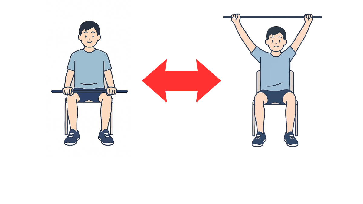 棒を使用した肩関節屈曲のイラスト(文字なし)|棒を両手で持って肩を上げる運動です
