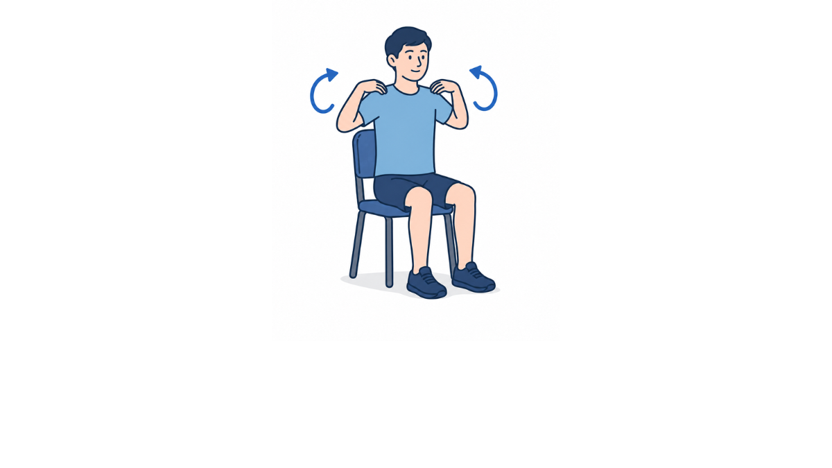 肩回し(側面)のイラスト(文字なし)|椅子に座って両手を肩にのせ、肘で円を描く肩甲帯の運動を側面から示したイラストです