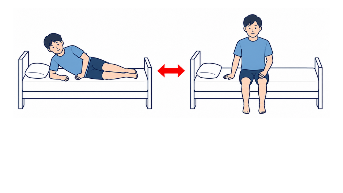 側臥位から端座位への起き上がりのイラスト(文字なし)|横向きの姿勢からベッド端に座る起き上がり動作を示すイラストです