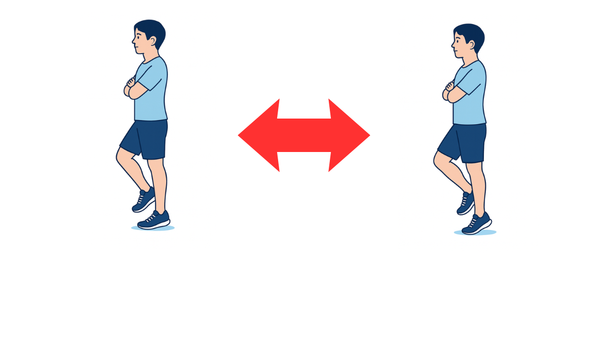 片足ヒールライズのイラスト(文字なし)|片足でかかとを上げ下げする下腿三頭筋の高負荷トレーニングです