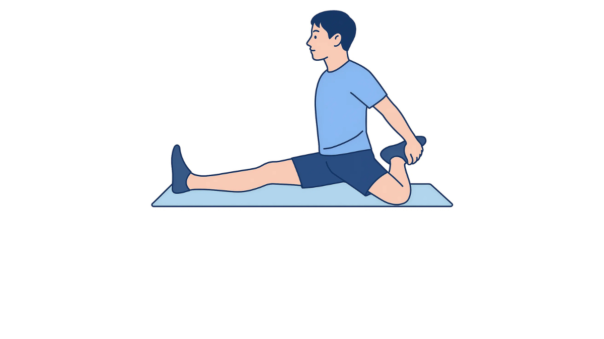 座って四頭筋ストレッチのイラスト(文字なし)|座位で行う大腿四頭筋のストレッチです
