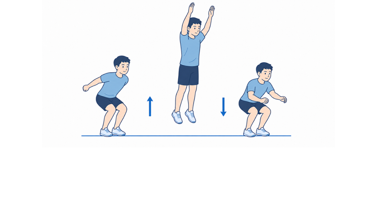 スクワットジャンプとやわらかい着地のイラスト(文字なし)|軽くしゃがんでから真上に跳び、両足でやわらかく着地する運動のイラストです