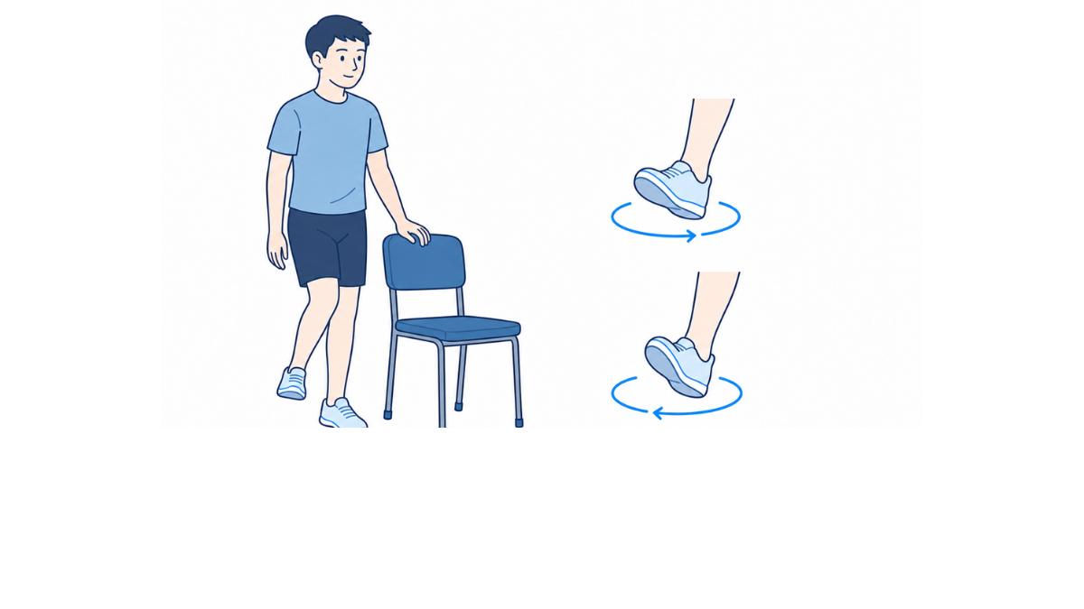 立位での足首回しのイラスト(文字なし)|椅子に手を置いて片足を浮かせ、足首を回す運動のイラストです