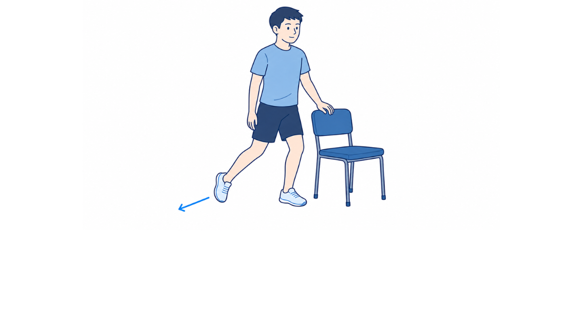 立位で片足を後ろへ滑らせる運動のイラスト(文字なし)|椅子に手を置き、片足をゆっくり後ろへ滑らせる運動のイラストです