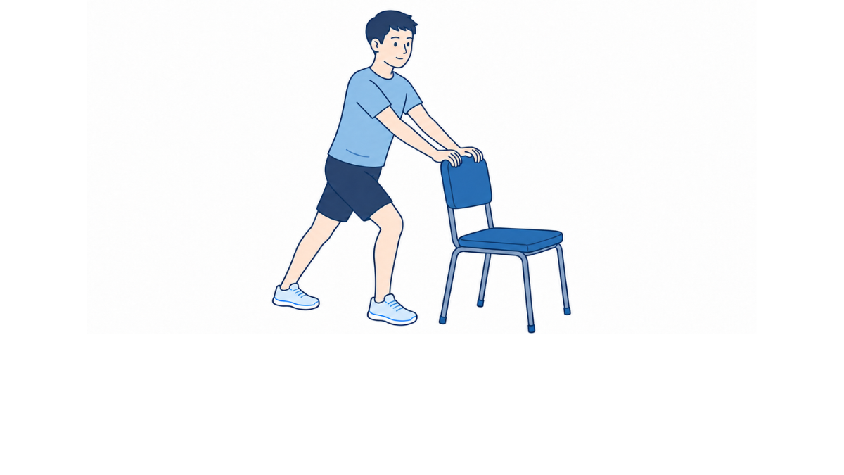 椅子を使ったふくらはぎのストレッチのイラスト(文字なし)|椅子に手を置き、後ろ足のかかとを床につけて伸ばすストレッチのイラストです