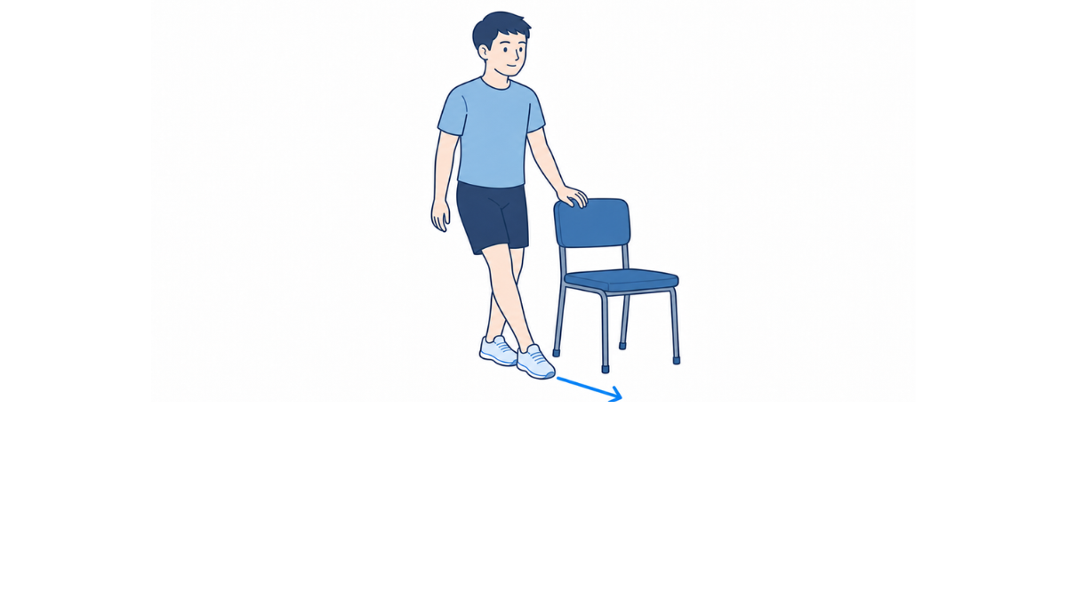 立位で片足を前へ滑らせる運動のイラスト(文字なし)|椅子に手を置き、片足を前へゆっくり滑らせる運動のイラストです