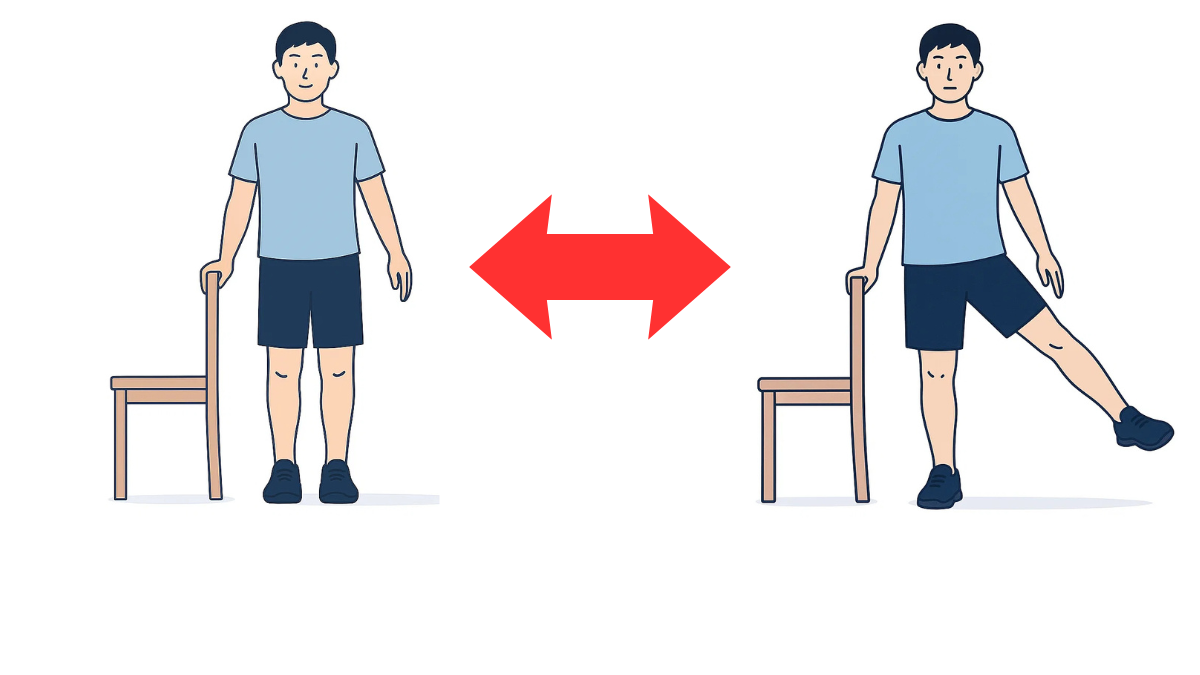 立位で股関節外転運動のイラスト(文字なし)|立位で脚を横に開く股関節外転運動です