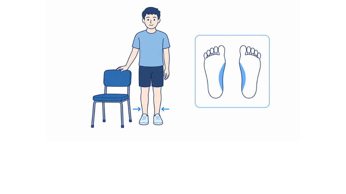 足の内側への荷重練習のイラスト(文字なし)|椅子に手を置き、足の内側へ体重をかけて保つ練習のイラストです