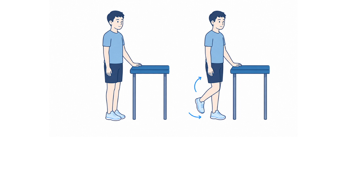 支持物につかまっての膝曲げのイラスト(文字なし)|台に手を置いて片方の膝を曲げる運動のイラストです